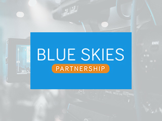 Image of a tv camera filming with Blue Skies Partnership logo overlaid